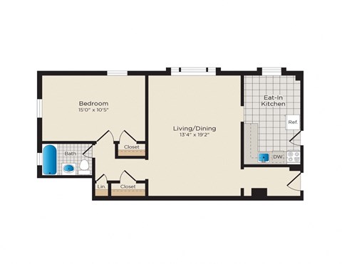 Floor plan for 1 bed, 1 bath, 583 sqft